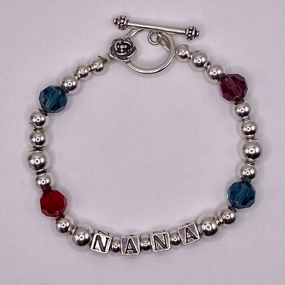 STERLING SILVER Beaded “Nana” Charm Bracelet; 6.5 size; Perfect Condition.
